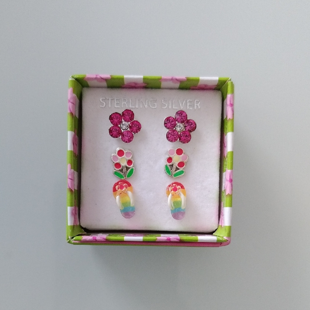 Pink Flower Sterling Silver Earrings